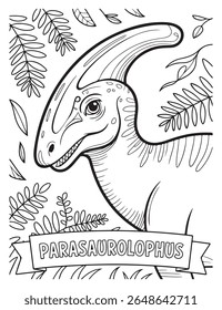 a detailed black and white coloring page of a parasaurolophus dinosaur surrounded by foliage, perfect for creative coloring activities.