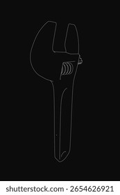 A detailed black and white contour drawing of an adjustable wrench on a stark black background. The long handle and adjustable head are precisely rendered with clean lines.