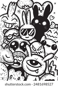 Detailed black and white doodle featuring a variety of whimsical cartoon characters with playful and expressive designs.
