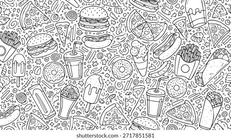 Um padrão detalhado de rabiscos pretos e brancos com vários itens de fast-food, como hambúrgueres, cachorros-quentes, pizza, batatas fritas e doces, como sorvete, rosquinhas e milkshakes, criando uma diversão e íntrica.
