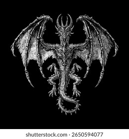 Detailed Black and White Dragon Illustration