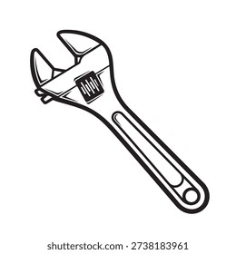 Detailed black and white drawing of an adjustable wrench