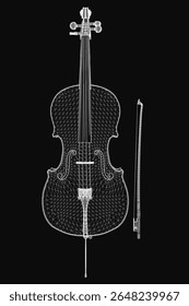 Um desenho detalhado em preto e branco de um violoncelo sobre um fundo escuro, com cordas intrincadas e um arco colocado ao lado dele. O instrumento elegante destaca-se com suas curvas suaves e precisas.