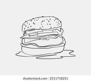 A detailed black and white drawing depicting a delicious hamburger placed on a clean white background, showcasing its exquisite features