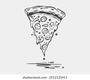 A detailed black and white drawing depicting a pizza, showcasing several slices that have been taken out and removed from it