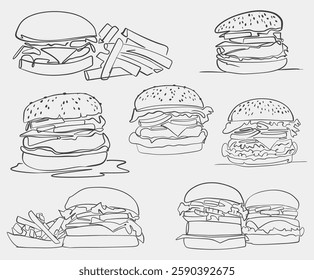 A detailed black and white drawing depicting a delicious hamburger set placed on a clean white background, showcasing its exquisite features. Vector collection.