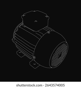 A detailed black and white drawing of an electric motor with visible components like coils, rotor, and housing, set against a black background. The technical illustration highlights precision