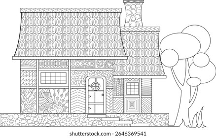Detailed black and white drawing of a fantasy medieval house, showcasing unique textures and an enchanting design for creative projects.