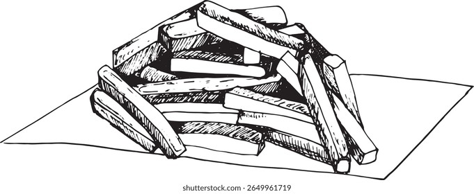 Detailed black and white drawing of French fries on a napkin in vintage engraving style. Ideal for menus, packaging, or posters.