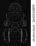 A detailed black and white drawing of a friendly robot with outstretched arms and slightly bent legs, standing on a black background. Its head is tilted with wide eyes