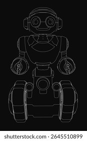 A detailed black and white drawing of a friendly robot with outstretched arms and slightly bent legs, standing on a black background. Its head is tilted with wide eyes