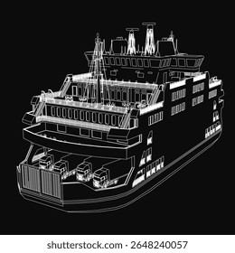 Um desenho detalhado em preto e branco de uma grande balsa com elementos de design intrincados, situado contra um fundo preto forte para alto contraste. As linhas limpas e negrito estilo monocromático enfatizam
