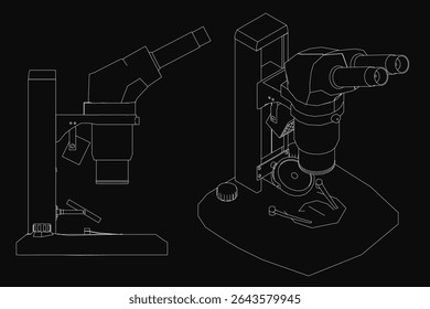 A detailed black and white drawing of a microscope with clearly visible components, set against a stark black background for high contrast. The intricate design highlights the eyepiece, objective.