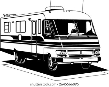 desenho preto e branco detalhado de um motorhome (RV). É representado por um ligeiro ângulo frontal, permitindo a visibilidade da frente com o para-brisas e os faróis, e do lado