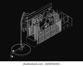 Um desenho detalhado em preto e branco de uma bomba de óleo destaca-se contra um fundo escuro. Os intrincados componentes e características mecânicas são precisamente renderizados, destacando o design industrial.