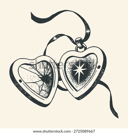 A detailed black and white drawing of an open heart locket, one side shattered, symbolizing loss or emotional pain.