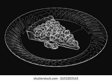 Um desenho detalhado em preto e branco de uma fatia de pizza em um prato preto, apresentando crosta crocante, queijo derretido e coberturas visíveis. A ilustração de alto contraste destaca textura e sombreamento.