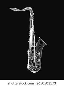 A detailed black and white drawing of a saxophone with clearly visible keys, strings, and intricate components. The stark contrast against the black background highlights the instrument's elegant.