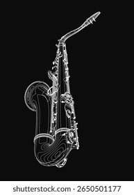 A detailed black and white drawing of a saxophone stands out against a dark background. The intricate keys and strings are clearly visible, showcasing the instrument's elegant design.