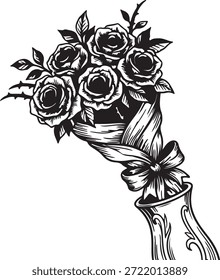 Detalhado desenho preto e branco mostrando um buquê clássico de rosas graciosamente apresentado em um vaso ornamentado, amarrado com uma linda fita.