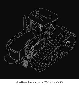 A detailed black and white drawing of a tractor with large wheels and a prominent cab, set against a stark black background for high contrast. The intricate linework highlights the mechanical.
