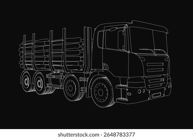 A detailed black and white drawing of a truck with visible headlights, grille, and wheels on a solid black background. The stark contrast highlights the truck's wood-inspired design elements.