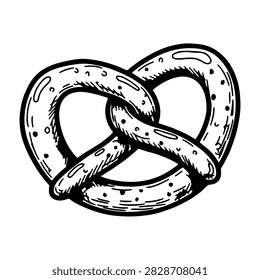Detailed black and white drawing of a twisted pretzel knot, showcasing its textured surface and classic shape, suitable for culinary or bakery themes.