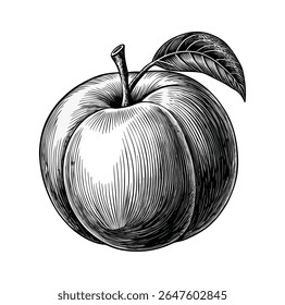 A detailed black and white engraving of a single apple with a stem and a leaf, rendered in a vintage style on a white background.