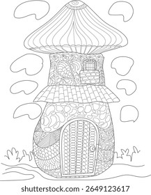 Detailed black and white fantasy mushroom house illustration with intricate patterns, ideal for creative coloring and art therapy.