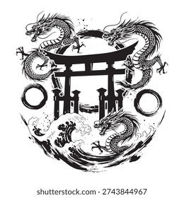 A detailed black and white featuring two dragons surrounding a traditional Japanese torii gate with waves and clouds in the background. The dragons are intricately designed with flowing lines......