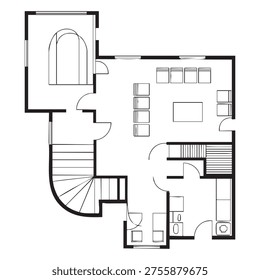 A detailed black and white floor plan of a two-story building featuring a spiral staircase connecting the upper and lower levels. The plan includes multiple rooms such as a living room,......