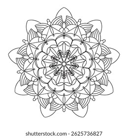 Detailed black and white floral mandala illustration featuring symmetrical flower petals and geometric patterns. Adult coloring books, kids education, and children coloring pages. Vector eps 10.