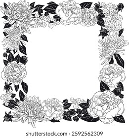 A detailed Black and white floral vector illustration, square frame adorned with lush peonies, chrysanthemums, cherry blossoms, and rosebuds with leaves on white background