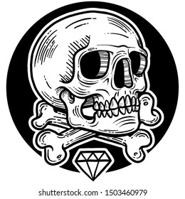 Detailed Black and White Graphic Illustration Of A Scull and Bones Vector