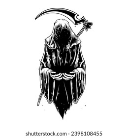 Detailed black and white grim reaper illustration and tshirt design