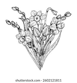Detailed black and white hand drawn illustration of blooming daffodils and tulip buds with long leaves. Ink clip art is suitable for spring themes, floral books, botanical prints, garden projects.
