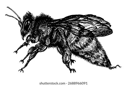 Detailed black and white hand drawn bee illustration showing intricate wings and body texture in vintage etching style isolated on white background
