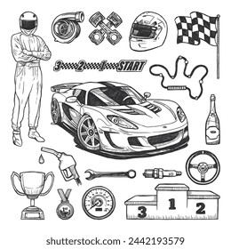 Detalladas ilustraciones en blanco y negro dibujadas a mano de coches de carreras, casco y equipo