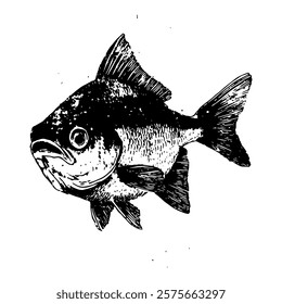 detailed black and white hand-drawn vector illustration of a fish, showcasing intricate scales and fins, ideal for marine-themed designs or educational materials.