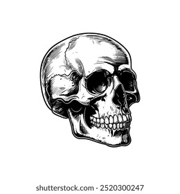 Detailed black and white human skull drawing. Vector illustration design.