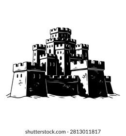 A detailed black and white illustration of an ancient fortress castle featuring multiple towers and fortified walls.
