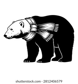 A detailed black and white illustration of a bear with a scarf, emphasizing its fur texture and facial features in a realistic style.