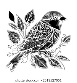 A detailed, black and white illustration of a bird perched on a branch, surrounded by intricate leaf patterns. Perfect for nature-themed designs, art prints, and tattoos.