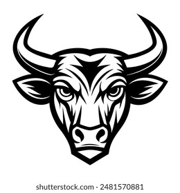 Detailed black and white illustration of a bulls head with horns