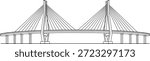 Detailed black and white illustration of a cable-stayed bridge featuring two prominent pylons with cables radiating out to support the roadway, set against a plain white background.