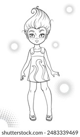 Detailed black and white illustration of a cartoon elf girl in retro fashion with a decorative background. Perfect as fashion coloring page.