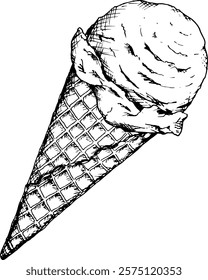 Detailed black and white illustration of a classic cone with a scoop of ice cream, drawn in an ink sketch style. Perfect for summer designs, confectionery branding, bakery packaging, menus or cookbook