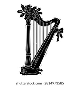 A detailed black and white illustration of a classical harp with a decorative bow, highlighting its strings and elegant design features.