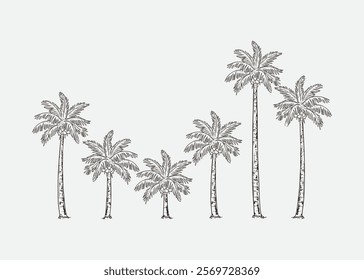 Detailed black and white illustration of coconut palm trees, symbolizing tropical scenery and nature. Perfect for designs themed around summer, beach, tropical, or exotic locations.