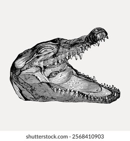 Detailed black and white illustration of a crocodile head. Crocodile head with open mouth. Crocodile head showing sharp teeth. Crocodile head in profile view. Vintage art drawing illustration vector.